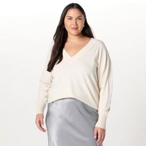 The Drop Maye Whisper‎ White V Neck Long Sleeve Knit Sweater Plus Size 2X